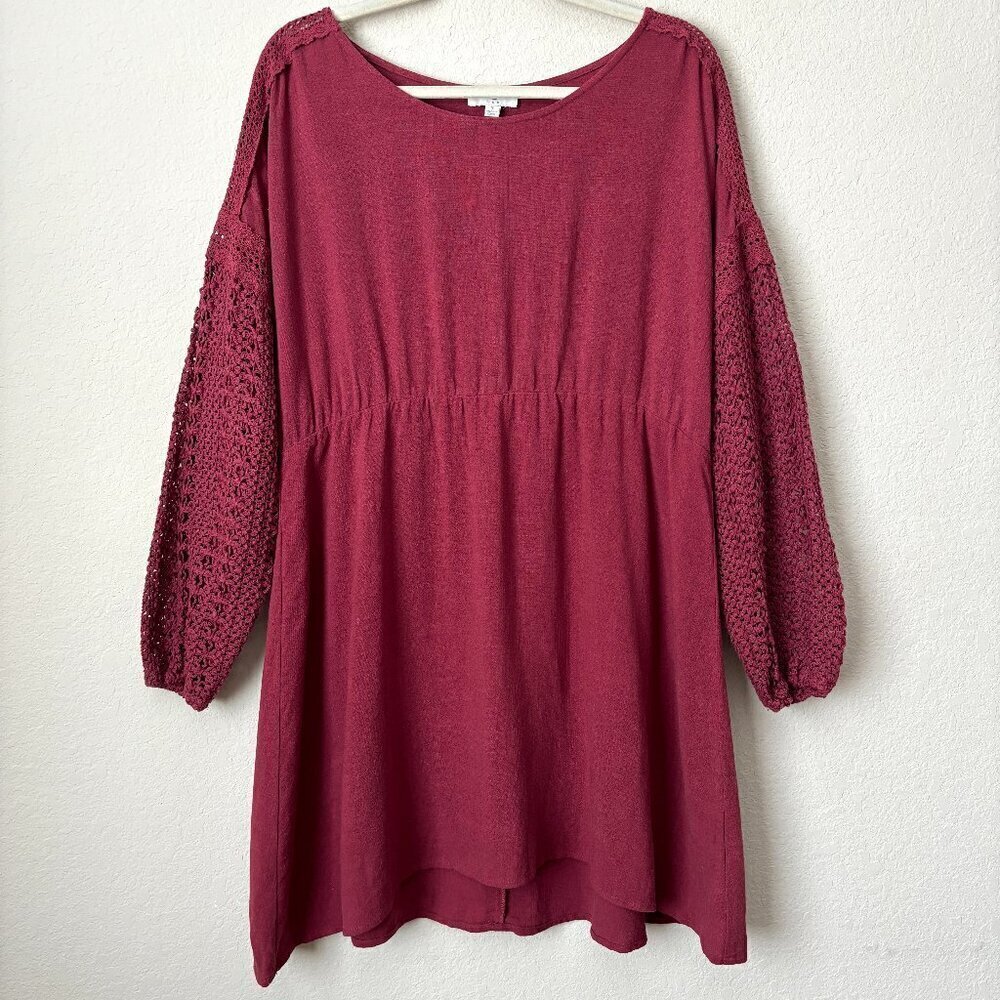 Umgee Linen Blend Boho Crochet Long Sleeve Spring Summer Dress